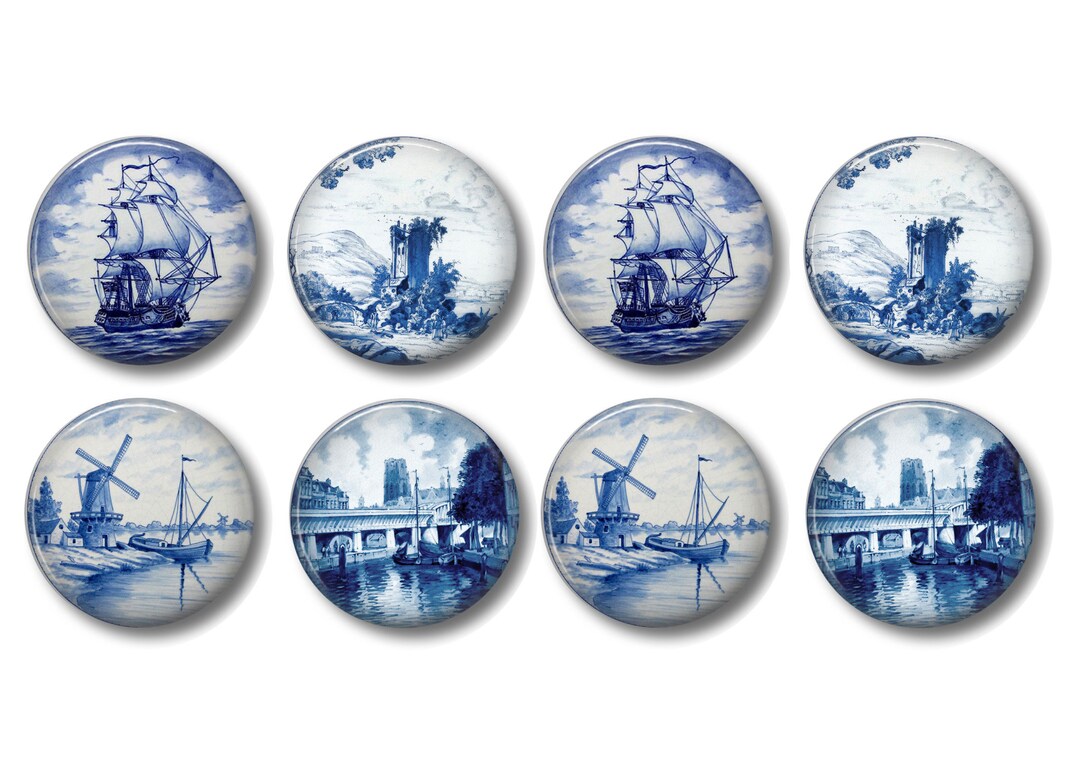 Set of 8, Vintage Blue Delft Knobs, Kitchen Knobs, Kitchen