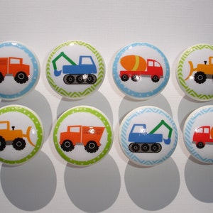 Set of 8, Boys Construction Knobs, Dump Truck, Digger, Cement Mixer, Bulldozer, Dresser Drawer Knobs, Drawer Knobs, Nursery Decor