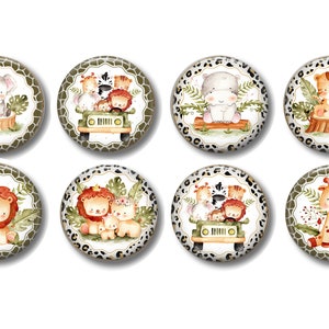 May include: Set of eight round decorative magnets featuring watercolor illustrations of safari animals. Each magnet has a white border with a decorative pattern, and the animal illustrations include an elephant, lion, hippo, tiger, and giraffe.