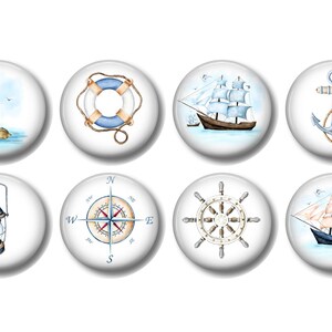 May include: Set of eight nautical themed magnets featuring a lighthouse, life preserver, compass, ship's wheel, anchor, and two sailing ships.