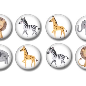 May include: Eight colorful animal illustrations on white round buttons. The animals are a lion, zebra, giraffe, and elephant. Each animal is depicted in a cartoon style with bright colors.