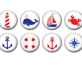 Set of 8, Boys Nautical Knobs, Blue, Red, White, Drawer Knobs, Dresser Drawer Knobs, Boys Room, Nursery, Boat, Whale, Compass, Anchor