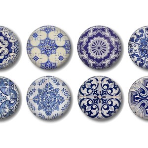 May include: Eight round ceramic tiles with blue and white geometric patterns. The tiles have a glossy finish and are perfect for adding a touch of traditional style to any space.