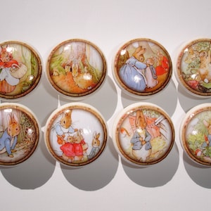 May include: Eight round ceramic cabinet knobs featuring illustrations of Peter Rabbit and other characters from the children's book series. Each knob has a cream-colored base with a brown border and a glossy finish.