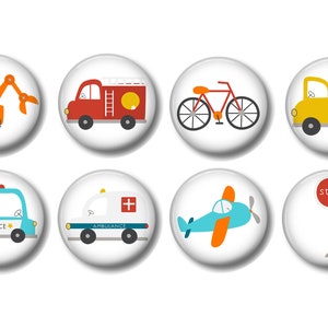 May include: Set of ten round white buttons with colorful illustrations of vehicles and a stop sign. The illustrations include a fire truck, a police car, an ambulance, a cement truck, a construction vehicle, a bicycle, an airplane, and a stop sign.