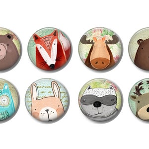 May include: Set of eight round magnets featuring adorable woodland animal illustrations. Includes a bear, fox, moose, beaver, owl, rabbit, raccoon, and deer. Each magnet has a unique animal face design on a vintage-style background.