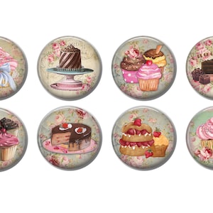 May include: Eight vintage-style round buttons with images of various cakes and cupcakes. The buttons feature a floral background with pink roses and a light blue and green color scheme. The cakes and cupcakes are decorated with frosting, sprinkles, and cherries.