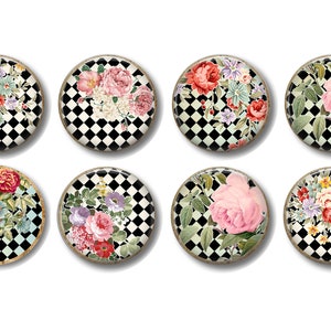 May include: Eight round coasters with a black and white checkered pattern and floral designs. The flowers are pink, red, and white.