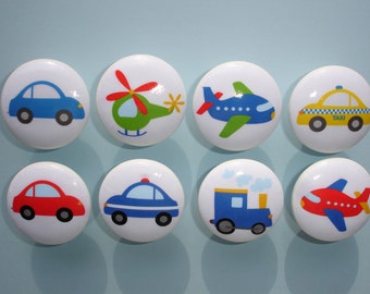 Set of 8, Boys Transportation Knobs, Cars, Helicopter, Planes, Taxi, Police Car, Dresser Drawer Knobs, Drawer Knobs, Nursery Decor