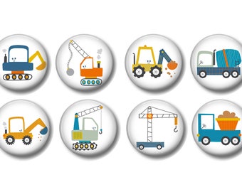Set of 8, Boys Construction Vehicles Knobs, Digger, Crane, Dump Truck, Bobcat, Cement Mixer, Dresser Drawer Knobs, Drawer Knobs, Nursery