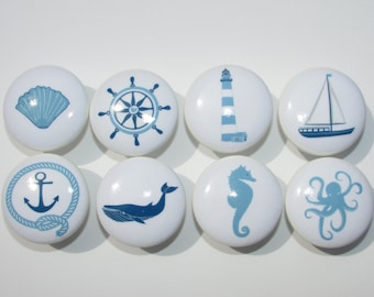 Set of 8, Nautical Knobs White Background, Cabinet Knobs, Drawer Knobs, Dresser Drawer Knobs, Lighthouse, Whale, Shell, Anchor, Pulls