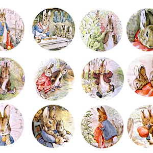 May include: A collection of 10 round illustrations featuring Peter Rabbit and other characters from the children's book by Beatrix Potter. The illustrations are in a vintage style and feature various scenes from the book, including Peter Rabbit hiding in a garden, Peter Rabbit running through a forest, and Peter Rabbit being chased by a farmer.