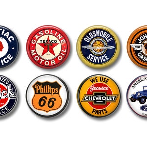 May include: Eight vintage-style metal signs with various car brand logos and slogans. The signs are round and feature a variety of colors, including red, blue, yellow, orange, and white. The signs include logos for Pontiac, Texaco, Oldsmobile, Johnson, Buick, Phillips 66, Chevrolet, and Ford.
