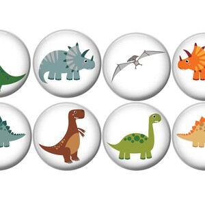 May include: Eight colorful dinosaur buttons with white backgrounds. The dinosaurs include a green T-Rex, a blue Triceratops, a brown Stegosaurus, a green Brachiosaurus, a brown Tyrannosaurus Rex, a flying Pterodactyl, an orange Triceratops, and a tan Stegosaurus.