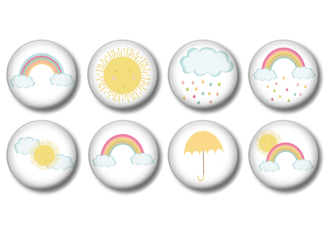 Set of 8, Rainbow Dresser Drawer Knobs, Rainbow Knobs, Clouds, Sun, Rain, Nursery Decor, Girls