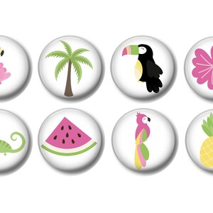 May include: Eight colorful round buttons with various tropical themes. The buttons feature a pink flamingo, a green palm tree, a black toucan, a pink hibiscus flower, a green iguana, a slice of watermelon, a pink parrot, and a yellow pineapple.