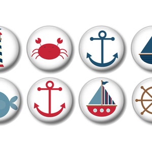 Set of 8, Boys Red and Blue Nautical Knobs, Drawer Knobs, Dresser Drawer Knobs, Nursery Decor, Boys Room, Fish, Lighthouse, Boat, Anchor