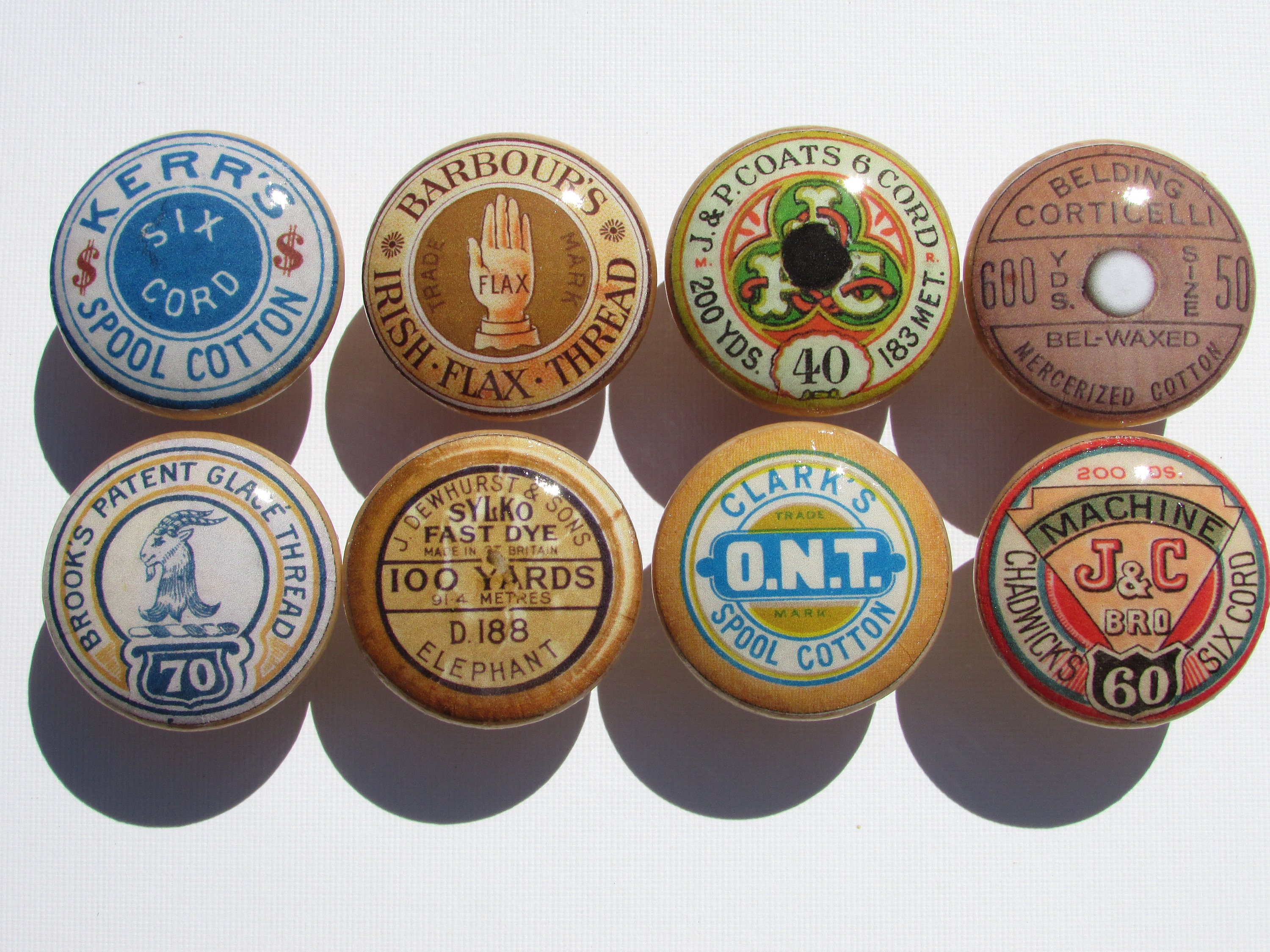 8 large vintage thread spool Drawer knobs knobs pulls decorated