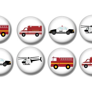 May include: Eight round buttons with images of emergency vehicles. The buttons feature a red fire truck, a red fire engine, a white and black police car, a white helicopter, a red ambulance, and a white and black police car.