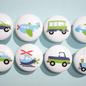 Set of 8, Boys Blue Green Transportation Knobs, Train, Car, Plane, Trolley Car, Helicopter Truck, Dresser Drawer, Drawer Knobs, Boys Room