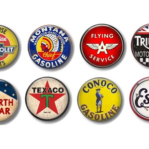 May include: Eight vintage-style metal signs with various logos and slogans. The signs are round and feature a variety of colors, including red, blue, yellow, and white. The signs advertise brands like Chevrolet, Chief Gasoline, Flying A Service, Triumph Motorcycles, North Star, Texaco, Conoco Gasoline, and Esso.