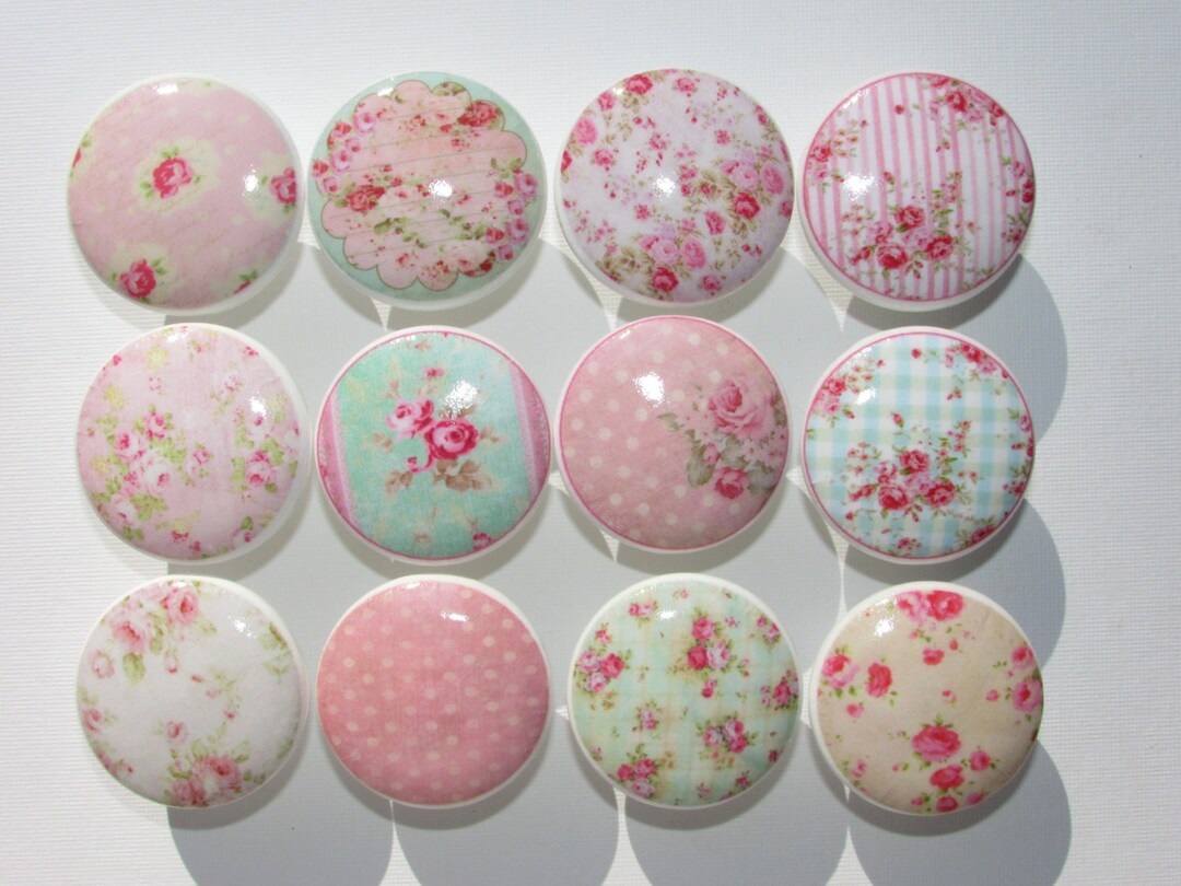 Set of 12, Shabby Pink Rose Knobs, Vintage Rose Knobs, Cottage Knobs