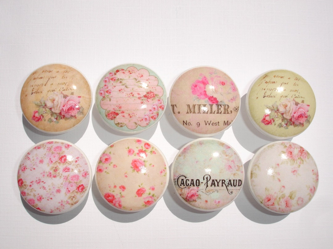 Set of 8, Shabby Pink Rose Knobs, Vintage Rose Knobs, Cottage Knobs
