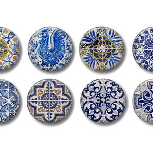 May include: Eight round ceramic tiles with blue and yellow geometric patterns. The tiles have a glossy finish and are perfect for adding a touch of traditional Portuguese style to any space.