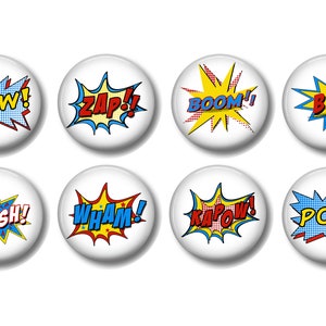 May include: Set of eight white round buttons with comic book sound effects: POW!, ZAP!, BOOM!, BAM!, CRASH!, WHAM!, KAPOW!, and POW!. Each button features a different colorful explosion graphic.