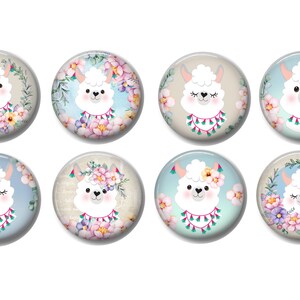 May include: Eight round, colorful, decorative buttons with images of llamas wearing floral headbands and necklaces. The llamas have closed eyes and are surrounded by flowers.