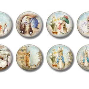 May include: Eight round, colorful, ceramic buttons featuring illustrations of Peter Rabbit and other characters from the Beatrix Potter stories. The buttons are decorated with a vintage, distressed look.