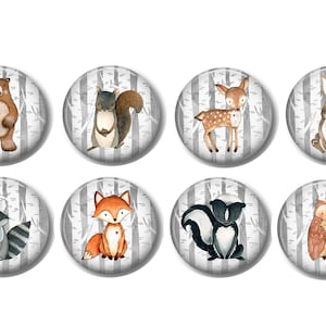 May include: Eight round, white and gray, illustrated magnets featuring woodland animals. The animals include a bear, squirrel, deer, rabbit, raccoon, fox, skunk, and owl.