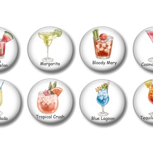 May include: Set of 10 round drink coasters with colorful illustrations of popular cocktails. Each coaster features a different cocktail, including a margarita, a bloody mary, a cosmopolitan, a pina colada, a tropical crush, a blue lagoon, and a tequila sunrise.