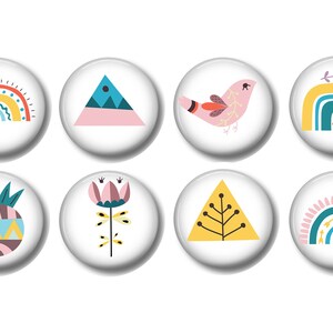 May include: Eight colorful round buttons with various designs, including a rainbow, a mountain, a bird, a flower, a pineapple, and a tree. The buttons are white with a glossy finish.