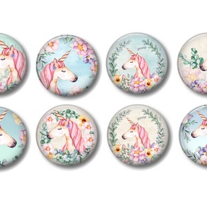May include: Eight round, colorful, glass cabochons with a watercolor design of a unicorn with pink mane and tail, surrounded by flowers and greenery.