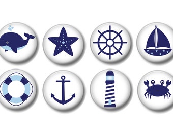 Set of 8, Boys Navy Blue Nautical Knobs, Dresser Drawer Knobs, Drawer Knobs, Boys Room, Nursery, Whale, Boat, Starfish, Crab, Anchor, Pulls