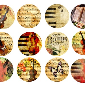 May include: Twelve vintage-style round paper circles with musical themes. Each circle features a different design, including a violin, sheet music, piano keys, a butterfly, and a rose. The circles are perfect for scrapbooking, card making, or other craft projects.