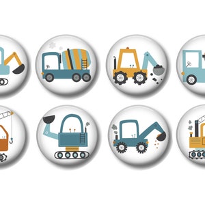 May include: Eight colorful construction vehicle magnets with blue, yellow, orange, and brown accents. The magnets feature a cement mixer, excavator, bulldozer, crane, and dump truck.