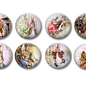 May include: Set of eight round, colorful buttons featuring illustrations of Peter Rabbit and other characters from the children's book by Beatrix Potter. The buttons are perfect for crafts, scrapbooking, and other creative projects.