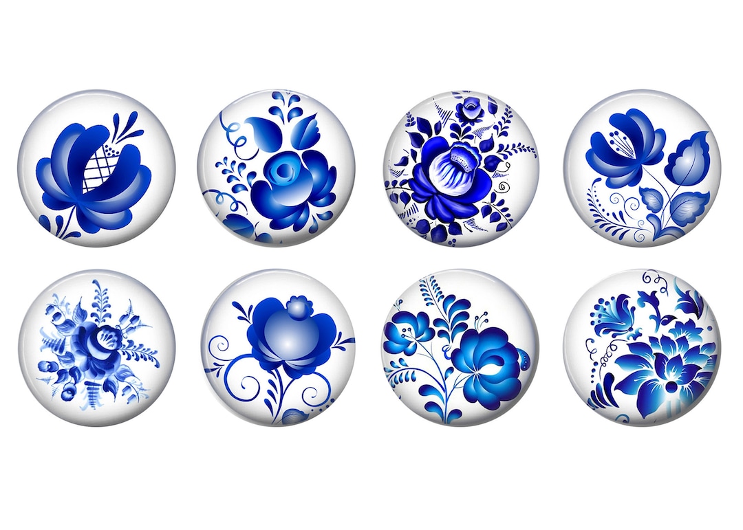 Set of 8, Vintage Blue Delft Flowers Knobs, Kitchen Knobs,