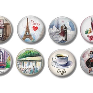 May include: Set of eight round magnets with watercolor illustrations of Parisian scenes. The magnets feature images of the Eiffel Tower, a cafe, a couple kissing, a woman in a dress, a cup of coffee, and a bottle of wine. The magnets are perfect for adding a touch of Parisian charm to your home or office.