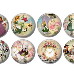 Set of 8, Alice in Wonderland Illustrations Knobs, Cabinet Knobs, Dresser Drawer Knobs, Drawer Knobs