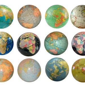May include: Twelve vintage globes with different colored maps and continents. The globes are all different sizes and have a variety of designs.