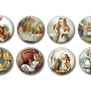 May include: Set of eight round Alice in Wonderland themed buttons. Each button features a different illustration from the book, including Alice, the Mad Hatter, the White Rabbit, and the Cheshire Cat.