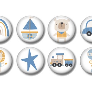 Set of 8 Little Boy Nursery Dresser Drawer Knobs Bear Lion Train Boat Car Rainbow Star