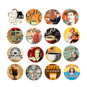 May include: A collection of 16 vintage-style coffee themed round stickers. The stickers feature various illustrations and text related to coffee, including a coffee shop, a coffee pot, a cup of coffee, and a woman drinking coffee. The stickers are in a variety of colors, including red, blue, green, and yellow.