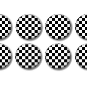 May include: Eight black and white checkered round stickers. The stickers are glossy and have a 3D effect.