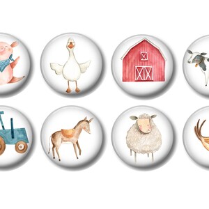 May include: Eight round white buttons with farm animal and farm-related images. The images include a pig, a goose, a red barn, a cow, a tractor, a donkey, a sheep, and a rooster.