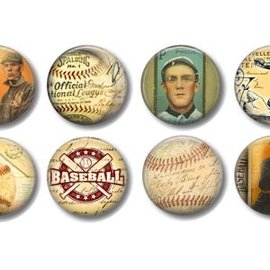 May include: Set of nine vintage baseball themed round buttons. The buttons feature images of baseballs, players, and text related to baseball. The buttons are in various shades of brown, red, white, and blue.