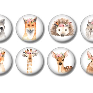 May include: Eight watercolor animal illustrations with floral crowns. The animals include a raccoon, fox, hedgehog, squirrel, deer, giraffe, and rabbit. Each animal is depicted on a white circle.
